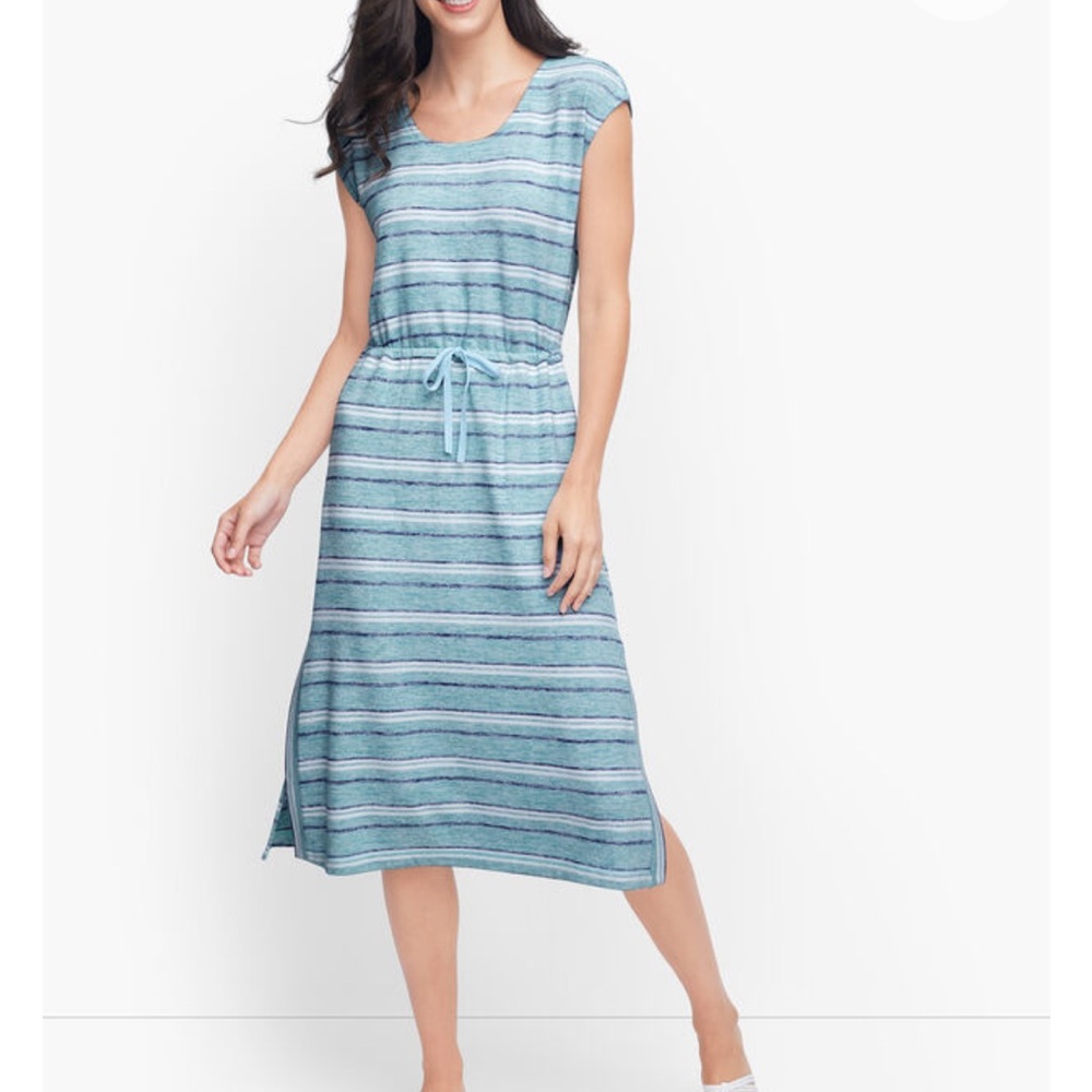 T By Talbots Drawstring Tie Waist Midi Dress Small Striped Coastal Lightweight